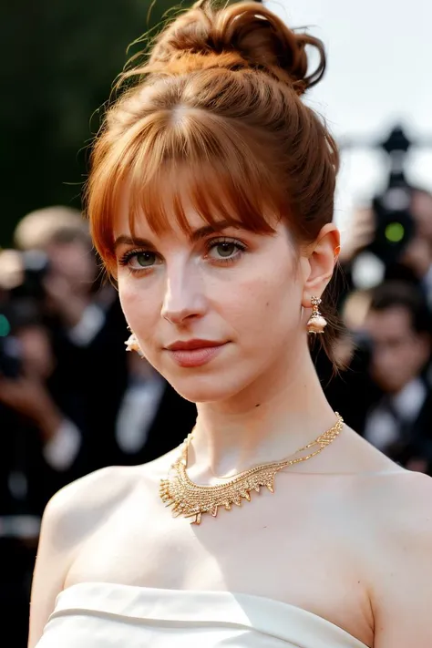 Realistic photo of a beautiful woman, hhayleyy, looking at viewer, curly hair, reddish-blonde bun hair, dress, bare shoulders, upper body, earrings, sleeveless, necklace, bokeh background, realistic, soft lighting, professional Photography, Photorealistic, detailed, RAW, analog, sharp focus, 8k, HD, DSLR, high quality, Fujifilm XT3, film grain, award winning, masterpiece, <lora:hhayleyydefv2:1>