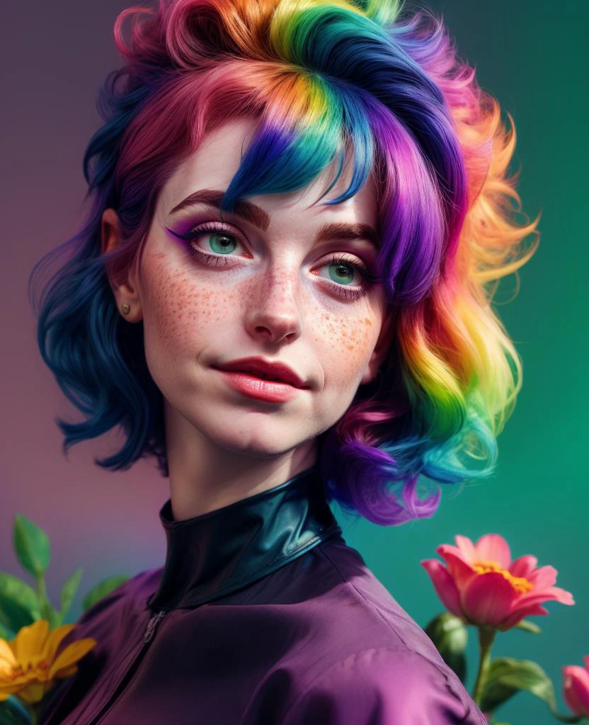 1woman,close-up portrait,rainbow colored hair, pixie cut,dark eye liner,freckles,happy,bright sunlight from behind, vivid colors, flowers, hhayleyy, <lora:more_details:.7>, <lora:anime realistic:.6>, <lora:hhayleyydefv2:1>