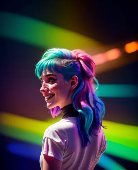 1woman, on stage, singing, rock show,rainbow colored hair, pixie cut,dark eye liner,freckles,smile,bright sunlight from behind, vivid colors,  hhayleyy, <lora:more_details:.7>,  <lora:anime realistic:.6>,  <lora:hhayleyydefv2:1>