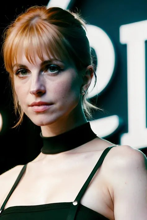 Realistic photo of a beautiful classic punk rock woman, hhayleyy, bare shoulders, sleeveless, bokeh background, realistic, soft lighting, professional Photography, Photorealistic, detailed, RAW, analog, sharp focus, 8k, HD, DSLR, high quality, Fujifilm XT3, film grain, <lora:hhayleyydefv2:1>