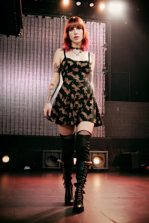 Realistic photo of a beautiful classic punk rock woman, hhayleyy, dark tone, moody, floral sundress, fishnets, boots, bokeh background, realistic, soft lighting, professional Photography, Photorealistic, detailed, RAW, analog, sharp focus, 8k, HD, DSLR, high quality, Fujifilm XT3, film grain, <lora:hhayleyydefv2:1>, <lora:Perfect Hands:1>