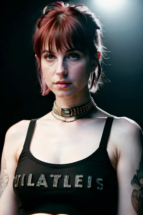 Realistic photo of a beautiful classic punk rock woman, hhayleyy, bare shoulders, dark tone, moody sleeveless, bokeh background, realistic, soft lighting, professional Photography, Photorealistic, detailed, RAW, analog, sharp focus, 8k, HD, DSLR, high quality, Fujifilm XT3, film grain, <lora:hhayleyydefv2:1>