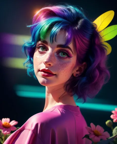 1woman,close-up portrait,rainbow colored hair, pixie cut,dark eye liner,freckles,happy,bright sunlight from behind, vivid colors,  flowers, hhayleyy, <lora:more_details:.7>,  <lora:anime realistic:.6>,  <lora:hhayleyydefv2:1>