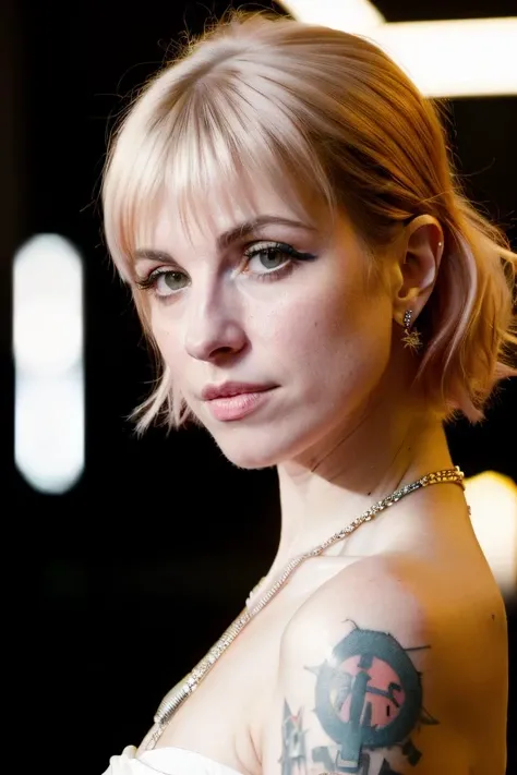 Realistic photo of a beautiful classic punk rock woman, hhayleyy, bare shoulders, sleeveless, bokeh background, realistic, soft lighting, professional Photography, Photorealistic, detailed, RAW, analog, sharp focus, 8k, HD, DSLR, high quality, Fujifilm XT3, film grain, <lora:hhayleyydefv2:1>