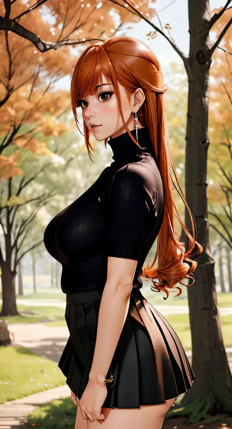 swept bangs, woolly turtleneck sweater, skirt, short sleeves, earrings, black eyes, arisugawa natsuha, turtleneck, sweater, breasts, jewelry, cowboy shot, 1girl, red hair, large breasts, tree, outdoors, from side, solo, adjusting clothes, long hair  <lora:idolmaster_sc_arisugawa-10:0.8> orange hair,