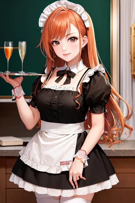best quality, masterpiece, highres, solo, {maid:1.40}, {long maid dress:1.15}, {nishikino_maki_lovelive:1.15}, red_hair, purple_eyes, blush, short_hair, smile