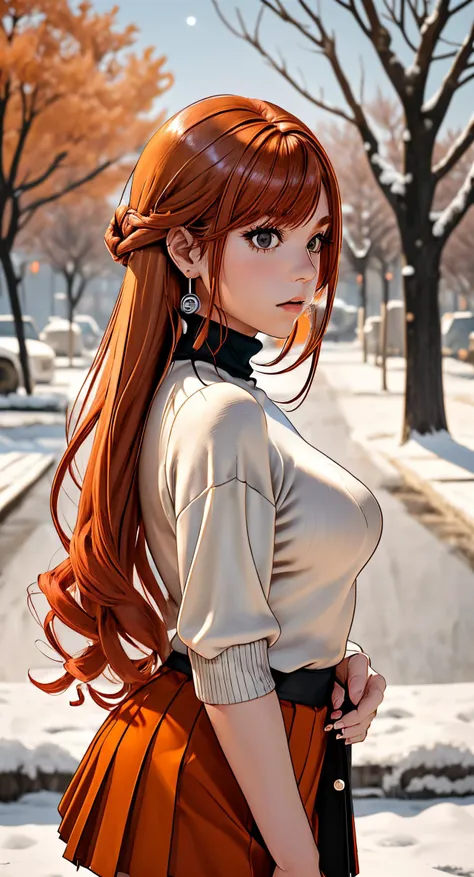 swept bangs, woolly turtleneck sweater, skirt, short sleeves, earrings, black eyes, arisugawa natsuha, turtleneck, sweater, breasts, jewelry, cowboy shot, 1girl, red hair, large breasts, tree, outdoors, from side, solo, adjusting clothes, long hair  <lora:idolmaster_sc_arisugawa-10:0.8> orange hair,