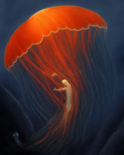 A handsome skinny ((naked)), (eerie and scary horrific male anthro fox with a huge open maw and shiny dripping fangs)) [((GelataPuella)):1.5], ((deep dark ocean, jellyfish dome, big cock, ((translucent skin, poisonous colors, delicate, floating)))), (extremely detailed CG unity 8k wallpaper), trending on ArtStation, trending on CGSociety, Intricate, High Detail, Sharp focus, (dramatic, horror, dark art, monsters, scary), photo realistic painting art by zdzislaw beksinski, wlop and greg rutkowski