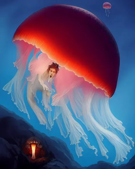 A handsome skinny ((naked)), (eerie and scary horrific male anthro fox with a huge open maw and shiny dripping fangs)) [((GelataPuella)):1.5], ((deep dark ocean, jellyfish dome, big cock, ((translucent skin, poisonous colors, delicate, floating)))), (extremely detailed CG unity 8k wallpaper), trending on ArtStation, trending on CGSociety, Intricate, High Detail, Sharp focus, (dramatic, horror, dark art, monsters, scary), photo realistic painting art by zdzislaw beksinski, wlop and greg rutkowski