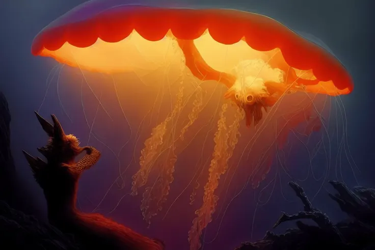 A handsome skinny ((naked)), NSFW, explicit, (eerie and scary horrific male anthro fox with a huge open maw and shiny dripping fangs)) [((GelataPuella)):1.5], ((deep dark ocean, jellyfish dome, thick heavy tentacles, big cock, ((translucent skin, poisonous colors, delicate, floating)))), (extremely detailed CG unity 8k wallpaper), trending on ArtStation, trending on CGSociety, Intricate, High Detail, Sharp focus, (dramatic, horror, dark art, monsters, scary), photo realistic painting art by zdzislaw beksinski, wlop and greg rutkowski, cosmic horror, H. P. Lovecraft