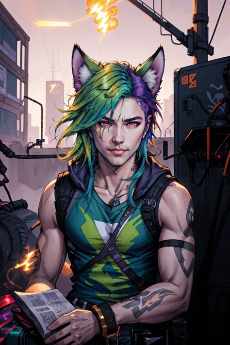 extreme light and shadow, rim lighting, side lighting, rim lighting, detailed face ,detailed eyes, detailed hair, tone mapping , specular highlights, ultra detailed, 2k cg detailed wallpaper, masterpiece, best quality, official art,cyberpunk wires, sparks, electricity, post apocalyptic, EarthFox