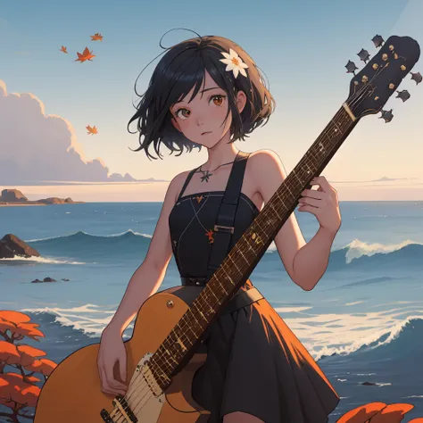 1girl, (seascape art stylized by Albert Marquet:0.8) , landscape art, On pale black paper, autumn flower field, Rule of Thirds, Despicable ("Guitar Gurnards Duonigis":1.2) , Wonder, Rollerwave