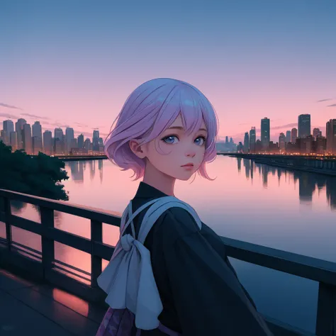 1girl, (stylized by Ann Stookey:0.7) , Portrait, landscape of The Hudson River, at Dusk, surreal, side lit, Pastel Colors