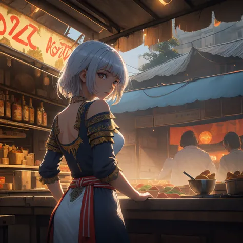 1girl, designed by Mike Campau, Maurice Utrillo, landscape of The Lost City of Zerzura from inside of a food stand, at Sunrise, intricate background, Private Press, High Shutter Speed, Nikon Z9, F/1.8