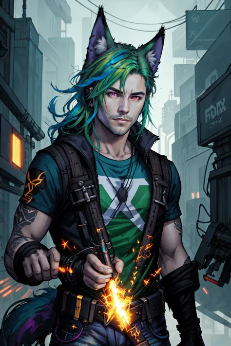 extreme light and shadow, rim lighting, side lighting, rim lighting, detailed face ,detailed eyes, detailed hair, tone mapping , specular highlights, ultra detailed, 2k cg detailed wallpaper, masterpiece, best quality, official art,cyberpunk wires, sparks, electricity, post apocalyptic, EarthFox