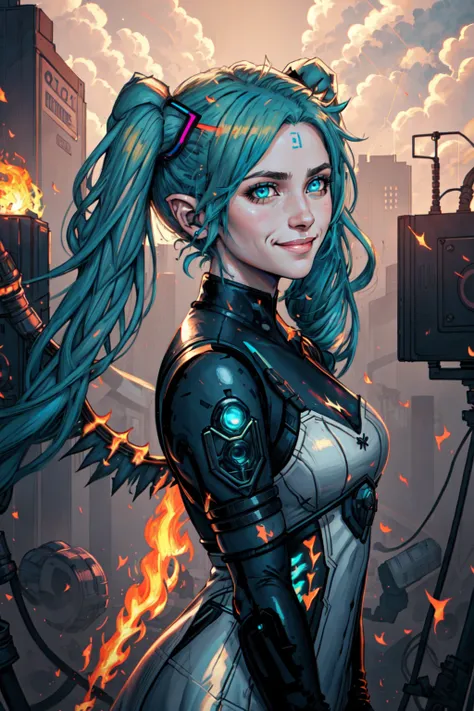 extreme light and shadow, rim lighting, side lighting, rim lighting, detailed face ,detailed eyes, detailed hair, tone mapping , specular highlights, ultra detailed, 2k cg detailed wallpaper, masterpiece, best quality, official art,cyberpunk wires, sparks, electricity, post apocalyptic,  Hatsune Miku CyberElf Hell_Fae