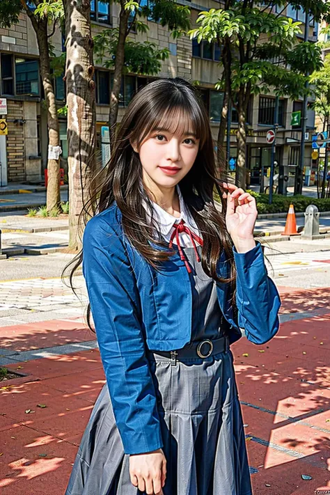 1girl, school uniform, yuigaoka school uniform,  <lora:LoveLiveSuperstarSchoolUniform:0.8>,blue jacket, jacket, long sleeves, looking at viewer, neck ribbon, red ribbon, ribbon, skirt, (smile:0.7), solo, upper body, outdoors, noon, streets, sunshine, standing, beautiful face, (cowboy shot), 8k, hdr, ultra highres, masterpiece,(realistic), highly detailed CG unified 8K wallpapers, (HQ skin:1.2),8k uhd, dslr, high quality, beautiful skin, attractive, ultra-high resolution, ultra-realistic, high-definition, close-up, dynamic pose,