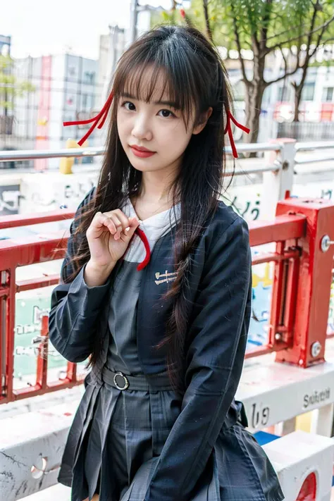 1girl, school uniform, yuigaoka school uniform, <lora:LoveLiveSuperstarSchoolUniform:0.8>,blue jacket, jacket, long sleeves, looking at viewer, neck ribbon, red ribbon, ribbon, skirt, (smile:0.7), solo, upper body, outdoors, noon, streets, sunshine, standing, beautiful face, (cowboy shot), 8k, hdr, ultra highres, masterpiece,(realistic), highly detailed CG unified 8K wallpapers, (HQ skin:1.2),8k uhd, dslr, high quality, beautiful skin, attractive, ultra-high resolution, ultra-realistic, high-definition, close-up, dynamic pose,