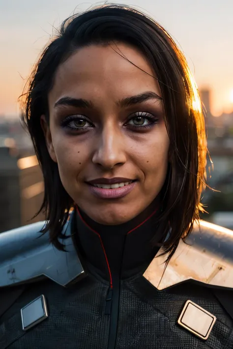 trilla,dark skin, short hair, yellow eyes, eye bags, eye shadow,armor, black bodysuit, cape, looking at viewer, smiling, close up, outside, cityscape, dusk, sunset, high quality, masterpiece, <lora:Trilla-14STWFEv14:.7>