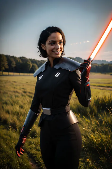 trilla,dark skin, short black hair, yellow eyes, armor,black gloves,black bodysuit, black pants, looking at viewer, serious, smiling, standing, upper body shot, outside, field, grass, holding lightsaber, red beam, dynamic lighting, high quality, masterpiece, <lora:Trilla-14STWFEv14:.7>