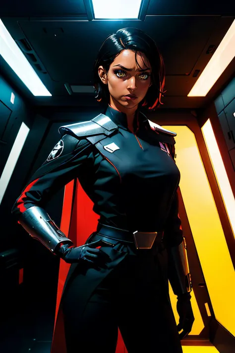 trilla,dark skin, short hair, yellow eyes, eye bags, eye shadow,armor, black bodysuit, cape, black pants, black gloves, looking at viewer, serious, medium shot, standing, inside spaceship, hallway, neon lighting, high quality, masterpiece, <lora:Trilla-14STWFEv14:.7>