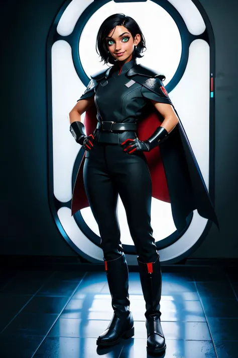 trilla,dark skin, short black hair, green eyes, eye bags, eye shadow,armor,black gloves,black bodysuit, (cape), black pants, boots, looking at viewer, smiling, full body shot, standing, hands on hips, inside, hallway, spaceship, neon lighting, high quality, masterpiece, <lora:Trilla-14STWFEv14:.7>