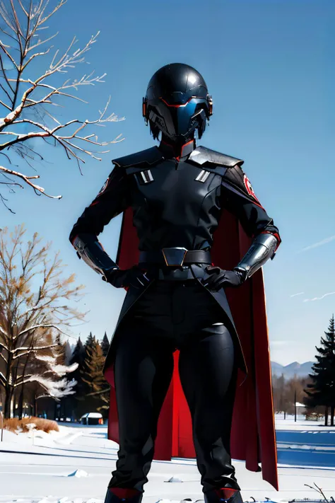 trilla,helmet with red visor,armor,black gloves,black bodysuit,cape, black pants,looking at viewer, standing, medium shot, hands on hips, outside, park, trees, winter, blue sky, high quality, masterpiece, <lora:Trilla-14STWFEv14:.8>