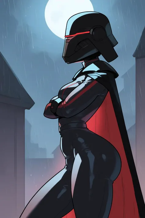 score_9, score_8_up, score_7_up,
BREAK
<lora:rabiestlagomorph-guy-PONYv1:1>, <lora:Trilla:0.9>, Trilla, helmet with red visor, cape, armor,black gloves,tight bodysuit,black cape,black pants,
close up, solo, standing, from side, medium breasts, crossed arms, wide hips,
junkyard background, rain, night, night sky