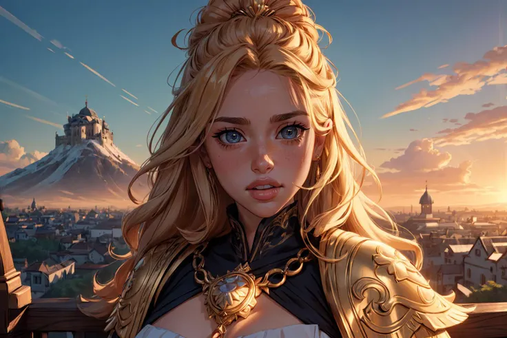 1girl,solo,blushed face,close up photo of DEN_Sash_SGMK2,medium breast,detailed eyes,beautiful eyes,((looking to viewer)),detailed background,<lora:Mild detail adjusterV10_4:1>,woman in fantasy medieval nature, robe adorned with golden sunbursts, majestic and flowing, high regal bun hairstyle, golden blonde hair color, sunstone amulet, atop a sun-drenched hill, commanding pose, radiant gold eye color, confident face expression, sprawling kingdom and rising sun in background, (best quality:1.1),(masterpiece:1.4), (absurdres:1.0),ultra high res,8K,(cinematic light:1.1),(intricate details, hyperdetailed:1.15),(volumetric lighting:1.2),bright colors,(HDR:1),