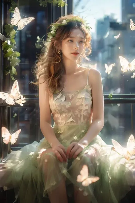(A beautiful and sunny girl:1.2),(black hair:1.1),stand,Wearing a white wedding dress,(wreath:1.2),Happiness,Smile,Vitality,
<lora:Butterflyè´è¶_v1.0:0.7>,white butterfly,(fresh green plants:1.2),gentle sunshine,<lora:æ³å
:0.36>,<lora:éé罩:0.3>,, (masterpiece:1,2), best quality, masterpiece, highres, original, extremely detailed wallpaper, perfect lighting,(extremely detailed CG:1.2ï¼