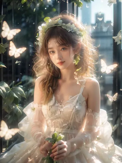 (A beautiful and sunny girl:1.2),(black hair:1.1),Wearing a white wedding dress,(wreath:1.2),Happiness,Smile,Vitality,
white butterfly,(fresh green plants:1.1),gentle sunshine,(masterpiece:1,2), best quality, masterpiece, highres, original, extremely detailed wallpaper, perfect lighting,(extremely detailed CG:1.2ï¼