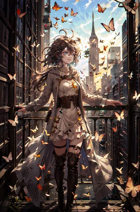 <lora:Butterflyè´è¶_v1.0:0.65> Butterfly, Cityscape,, ultra detailed, masterpiece, best quality, aesthetic, detailed,, solo, soft smile, light smile, 1girl, aqua eyes, black hair, <lora:low_ponytail-1.0:0.95> low ponytail, ahoge, absurdly long hair, very long hair, hair flaps, hair between eyes, bangs, messy hair, small breasts, (goggles on head:1.1),, hooded coat, open coat, turtleneck, pants, black knee boots, multiple straps, white coat, layered clothes, hair ribbon, pants under skirt,