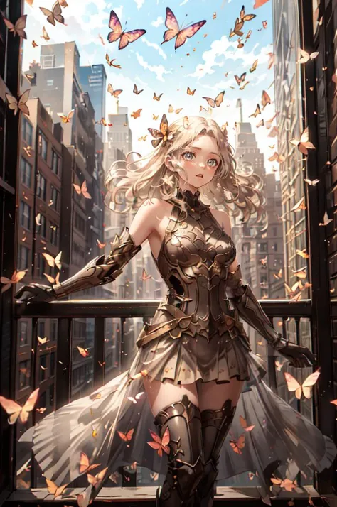 <lora:Butterflyè´è¶_v1.0:0.65> Butterfly, Cityscape,, ultra detailed, masterpiece, best quality, aesthetic, detailed,, serious, 1girl, (white eyes:1.1), (grey eyes:1.3), white hair, very long hair, parted hair, parted bangs, <lora:parted_hair_v1.3:1.3>, medium breasts,, valkyrie, (bodysuit:1.1), pink wing hair ornament, grey armored skirt, black bodysuit, armor, gauntlets, pink breastplate, greaves, armored dress, pink hues,