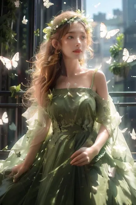 (A beautiful and sunny girl:1.2),(black hair:1.1),stand,Wearing a white wedding dress,(wreath:1.2),Happiness,Smile,Vitality,
<lora:Butterflyè´è¶_v1.0:0.7>,white butterfly,(fresh green plants:1.2),gentle sunshine,<lora:æ³å
:0.36>,<lora:éé罩:0.3>,, (masterpiece:1,2), best quality, masterpiece, highres, original, extremely detailed wallpaper, perfect lighting,(extremely detailed CG:1.2ï¼