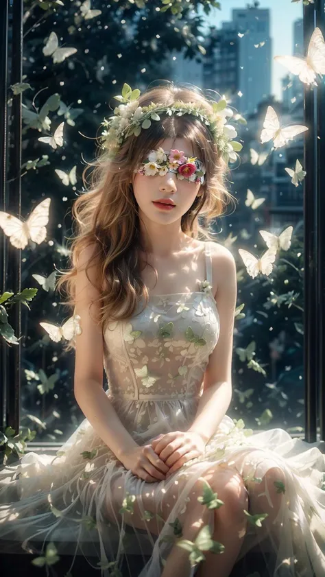 (A beautiful and sunny girl:1.2),(black hair:1.1),(Flower_Blindfold:1.1),Wearing a white wedding dress,(wreath:1.1),(Happiness:1.1),Smile,Vitality,
<lora:Butterflyè´è¶_v1.0:0.6>,(green butterfly:1.2),(fresh green plants:1.1),gentle sunshine,<lora:æ³å
:0.36>,<lora:éé罩:0.3>,(urban landscape:1.1),, (masterpiece:1,2), best quality, masterpiece, highres, original, extremely detailed wallpaper, perfect lighting,(extremely detailed CG:1.2ï¼