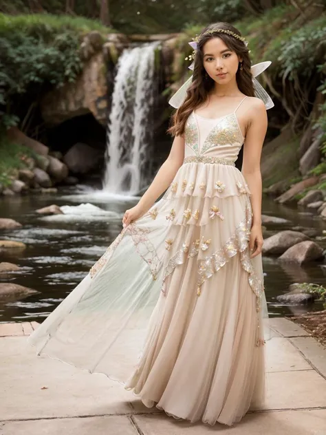 MelodyWylde, woman, 
medium shot,
The outfit she wears for this impromptu photoshoot is a playful blend of fantasy and fun. She adorns a (whimsical gown inspired by the enchanting world of fairies and nymphs:1.5). The (dress is crafted from layers of sheer pastel-colored tulle:1.2), (each delicately embellished with sparkling sequins and ethereal floral appliques:1.1). As she moves, the dress seems to float on air, creating an ethereal aura around her. Completing the look, she wears a dainty crown made of intricate filigree and adorned with shimmering gemstones.
(photography by Peter Hurley), 8k uhd, dslr, soft lighting, high quality, film grain, Fujifilm XT3 sharp focus, f 5.6, High Detail, Sharp focus, beauty incarnate, dramatic, alluring, sensual, (looking at viewer:1.2), (detailed pupils:1.3), (natural light),  simple background, smooth legs