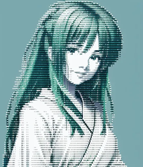 ((best quality)), ((masterpiece)), (detailed), ascii_art, anime girl with long green hair wearing a kimono, ultra detailed, highly detailed, 8k, hdr, <lora:ascii_art-000005:0.8>