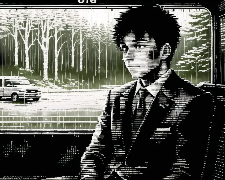 masterpiece, best quality, a young businessman waiting sitting in a covered bus stop, (at night), it is raining outside, woods in the background, center focus, highly detailed, beautiful eyes, ascii_art <lora:NotSoASCII_v1:0.75>