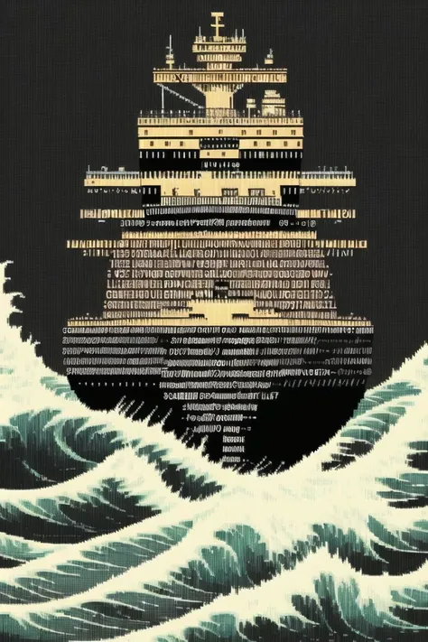 a modern ship is rocked by stormy waves at night, highly detailed, vivid colors, ascii_art <lora:NotSoASCII_v1:0.7>