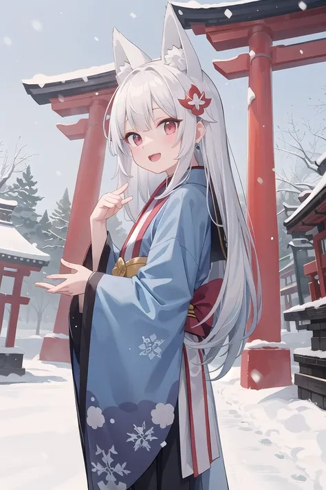 insanely detailed, absurdres, ultra-highres, ultra-detailed, best quality,
1girl, solo, nice hands, perfect hands,
BREAK
miko, hanfu, winter hanfu, cloak, (bare shoulder:-1.5), (cleavage:-1.5)
BREAK
happy smile, laugh, open mouth, standing,
from side,
cute pose, cowboy shot,
BREAK
slender, kawaii, perfect symmetrical face, ultra cute girl, ultra cute face, ultra detailed eyes, ultra detailed hair, ultra cute, ultra beautiful,
BREAK
japan, shrine, snowing, snowflake, snow, torii gate, stone steps, shrine architecture
BREAK
(white blue hair:1.2), very long hair, red eyes, two-tone hair, hair ornament, fox ears, fox tail, multiple tails,