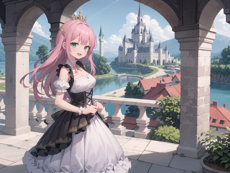 insanely detailed, absurdres, ultra-highres, ultra-detailed, best quality,
1 girl, solo, nice hands, perfect hands,
BREAK,
(wearing princess dress), teara,
happy smile, laugh, open mouth,
standing,
from side, cowboy shot, looking at viewer,
BREAK,
slender, kawaii, perfect symmetrical face, ultra cute girl, ultra cute face, ultra detailed eyes, ultra detailed hair, ultra cute, ultra beautiful,
BREAK,
fantasy world, (castle in background, lake:1.3), (very wide, panorama view, sense of depth, magnificent view:1.3)
BREAK,
princess girl, pink hair, green eyes, medium breasts