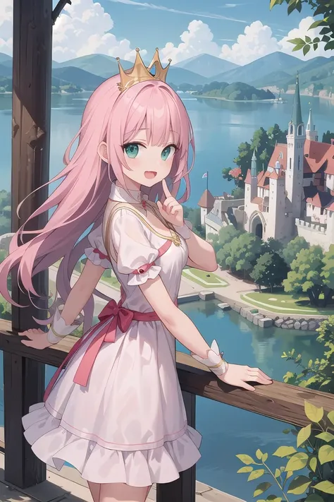 insanely detailed, absurdres, ultra-highres, ultra-detailed, best quality,
1 girl, solo, nice hands, perfect hands,
BREAK,
(wearing princess dress), teara,
happy smile, laugh, open mouth,
standing,
from side, cowboy shot, looking at viewer,
BREAK,
slender, kawaii, perfect symmetrical face, ultra cute girl, ultra cute face, ultra detailed eyes, ultra detailed hair, ultra cute, ultra beautiful,
BREAK,
fantasy world, (castle in background, lake:1.3), (very wide, panorama view, sense of depth, magnificent view:1.3)
BREAK,
princess girl, pink hair, green eyes, medium breasts