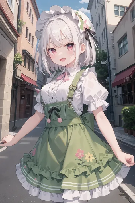 insanely detailed, absurdres, ultra-highres, ultra-detailed, best quality
BREAK
(white and light-green theme:1.4), ((gothic dress, classic and cute fashion):1.2), (light-green classic-bonnet on head:1.4), (fusion of light-green jumper-skirt and white blouse:1.5),
(light-green (overalls skirt, jumper-skirt) with white ruffles:1.4), (big light-green ribbon bow on skirt:1.4), ((short sleeves, bishop sleeves):1.3), (crinoline:1.2),
(oversized multilayer-skirt with ruffles:1.3), (white pantyhose:1.2), (Place multi-layered white ruffles on front of the skirt:1.3),
(garter belt:-1.4), (belt:-1.4), (-Metal fittings:1.4),
BREAK
(pink Detailed embroidery on skirt:1.4), (loafers:1.1),
BREAK
1 girl, solo, happy smile, laugh, open mouth,
BREAK
standing, cute pose, cowboy shot, looking at viewer,
slender, kawaii, perfect symmetrical face, ultra cute girl, ultra cute face, ultra detailed eyes, ultra detailed hair, ultra cute, ultra beautiful,
BREAK
(outdoor, in street, city, european street:1.3), ultra detailed background, (door:-1),
medium large breasts
BREAK
(white hair:1.3), medium hair, dark red eyes