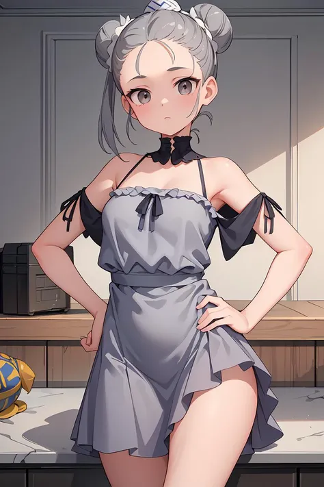 (masterpiece, best quality), female eighteen, well-proportioned, latin american, gray eyes, unique cheeks, receding forehead, well-defined achilles tendons, , light chestnut
space buns hair, delight
wearing asymmetrical dress, taffeta __bo/properties/color__ aztec
chemise, slides, turban,
, hands on hips, showing readiness or impatience