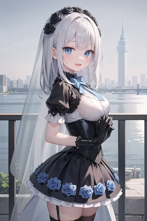 (cleavage:-1), insanely detailed, absurdres, ultra-highres, ultra-detailed, best quality,
1girl, solo, nice hands, perfect hands,
BREAK
(fusion of black mourning-dress and black wedding dress:1.2), (gothic dress:1.3), (light-blue and black theme:1.3), ((black mourning-veil, black see-through wedding-veil):1.5), ((black latex corset, light-blue breast-cup):1.4), (short puff-sleeve:1.3), ((white collar, tie-bow):1.3), ((ruffle-skirt, multilayer-skirt):1.4), ((stockings, garter belt):1.3), (see-through long gloves:1.3), (blue rose decoration on head:1.3), (high heels:1.1)
BREAK
happy smile, laugh, open mouth,
standing,own hands together,
from side, cowboy shot,
BREAK
slender, kawaii, perfect symmetrical face, ultra cute girl, ultra cute face, ultra detailed eyes, ultra detailed hair, ultra cute, ultra beautiful,
BREAK
cityscape in tokyo, ultra detailed background, blue sky, bay side, panorama view,
medium breasts, white hair, blue eyes