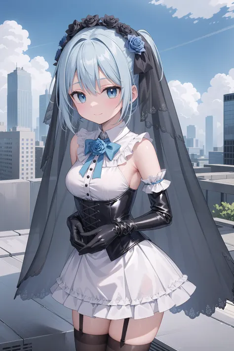 insanely detailed, absurdres, ultra-highres, ultra-detailed, best quality,
1girl, solo, nice hands, perfect hands,
BREAK
(fusion of black mourning-dress and black wedding dress:1.2), (gothic dress:1.3), (light-blue and black theme:1.3), ((black mourning-veil, black see-through wedding-veil):1.5), ((black latex corset, light-blue breast-cup):1.4), (short puff-sleeve:1.3), ((white collar, tie-bow):1.3), ((ruffle-skirt, multilayer-skirt):1.4), ((stockings, garter belt):1.3), (see-through long gloves:1.3), (blue rose decoration on head:1.3), (high heels:1.1)
BREAK
seductive smile, closed mouth, standing, cowboy shot,
BREAK
slender, kawaii, perfect symmetrical face, ultra cute girl, ultra cute face, ultra detailed eyes, ultra detailed hair, ultra cute, ultra beautiful,
BREAK
(day, on rooftop of a building, cityscape, blue sky, cloud, panorama view, depth of field:1.3),
BREAK
small breasts, (cleavage:-1.5), blue hair, twintails, dark blue eyes