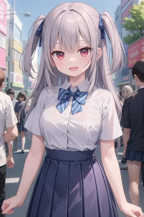 insanely detailed, absurdres, ultra-highres, ultra-detailed, best quality,
1girl, solo, nice hands, perfect hands,
BREAK
summer school uniform with indigo blue bowtie, (short sleeves, dark blue skirt, pleated skirt:1.3), (indigo blue:1.3) bowtie, (white shirt:1.3), shirt with white button, (skirt with many pleats:1.4), plain shirt, plain skirt, (striped bowtie:1.3), shirt_tucked_in ,
BREAK
happy smile, laugh, open mouth, standing,
(45 angle:-1.5), (from side:-1.5),
cute pose, cowboy shot,
BREAK
slender, kawaii, perfect symmetrical face, ultra cute girl, ultra cute face, ultra detailed eyes, ultra detailed hair, ultra cute, ultra beautiful,
BREAK
in harajuku, shibuya, tokyo, street, crowd, cityscape,
BREAK
medium large breasts,
(grey hair, red eyes),