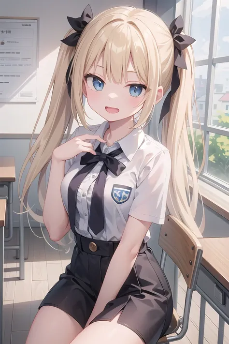 insanely detailed, absurdres, ultra-highres, ultra-detailed, best quality,
1 girl, solo, ************, nice hands, perfect hands,
BREAK,
wearing summer school uniform,
evil smile, open mouth,
sitting,
45 angle, cowboy shot, looking at viewer,
BREAK,
slender, kawaii, perfect symmetrical face, ultra cute girl, ultra cute face, ultra detailed eyes, ultra detailed hair, ultra cute, ultra beautiful,
by Canon EOS, SIGMA Art Lens 35mm F1.4, ISO 200 Shutter Speed 2000,
BREAK,
indoors, in classroom,
blonde hair, twintails, blue eyes