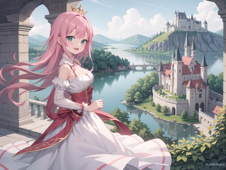 insanely detailed, absurdres, ultra-highres, ultra-detailed, best quality,
1 girl, solo, nice hands, perfect hands,
BREAK,
(wearing princess dress), teara,
happy smile, laugh, open mouth,
standing,
from side, cowboy shot, looking at viewer,
BREAK,
slender, kawaii, perfect symmetrical face, ultra cute girl, ultra cute face, ultra detailed eyes, ultra detailed hair, ultra cute, ultra beautiful,
BREAK,
fantasy world, (castle in background, lake:1.3), (very wide, panorama view, sense of depth, magnificent view:1.3)
BREAK,
princess girl, pink hair, green eyes, medium breasts