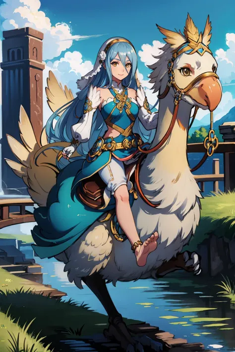 masterpiece, best quality, res_azura, asymmetrical legwear, single white pantsleg, barefoot, blue dress, gloves, veil, jewelry, fingerless gloves, anklet, belt, pendant, elbow gloves, hair ornament, white gloves, necklace, toes, long sleeves, detached sleeves, chocobo, riding chocobo <lora:chocobo-nvwls-v1:1.0> <lora:azura:0.8>, looking at viewer, smile